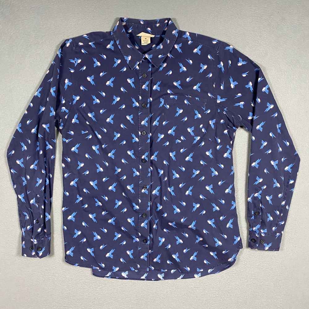 Duluth Trading Co Button Down Shirt Womens Medium Blue Bird Print Long Sleeve